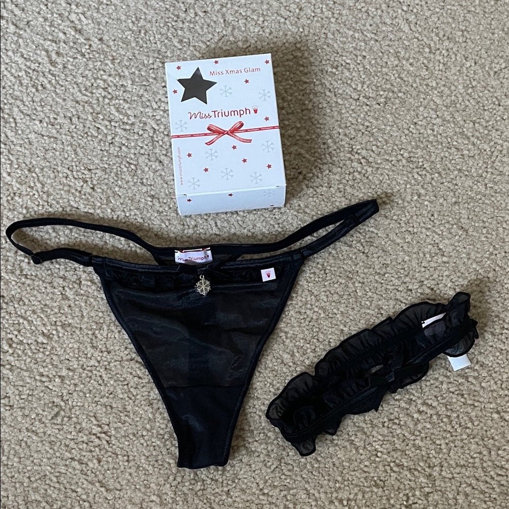 Triumph Sexy Black Panty Thong With Garder Belt.